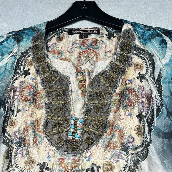 Mushka By Sienna Rose Top Womens Small Tunic Boho Floral Beaded V Neck Artsy - Picture 2 of 11